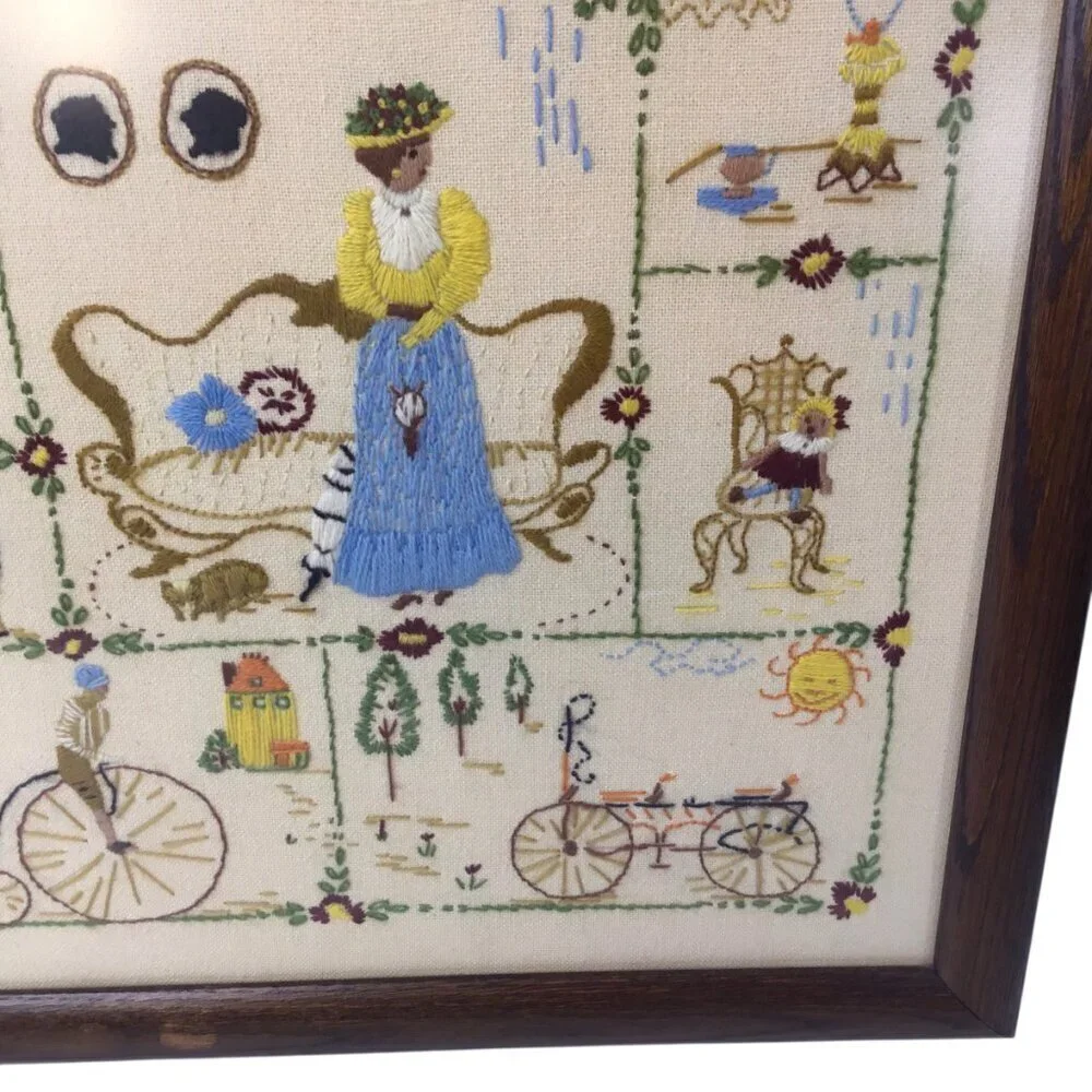 Vtg Finished Framed Crewel Embroidery Spinnerin Nostalgia 326 Elaine Thompson